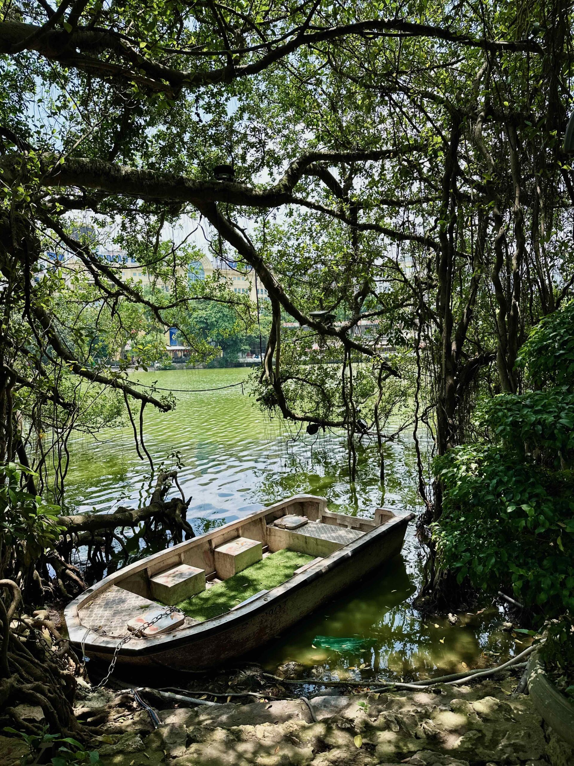 Idyllisch beeld van roeibootje op het water van het Hoan Kiem Lake in Hanoi, Vietnam